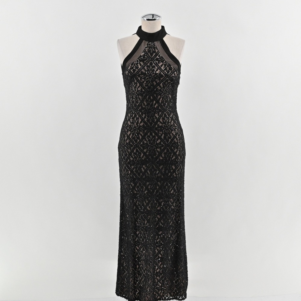 Vtg Y2k Black Lace Sequin Maxi Dress Size 1/2 Whimsigoth Dark Romantic Gown‎